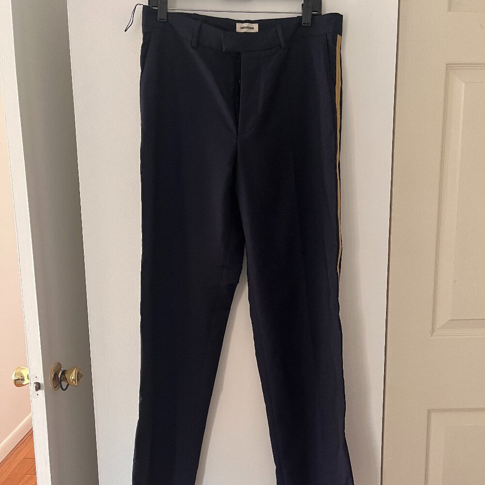 Zadig & Voltaire Wool Navy Pant with Gold Stripe Embellishment (Size 40)